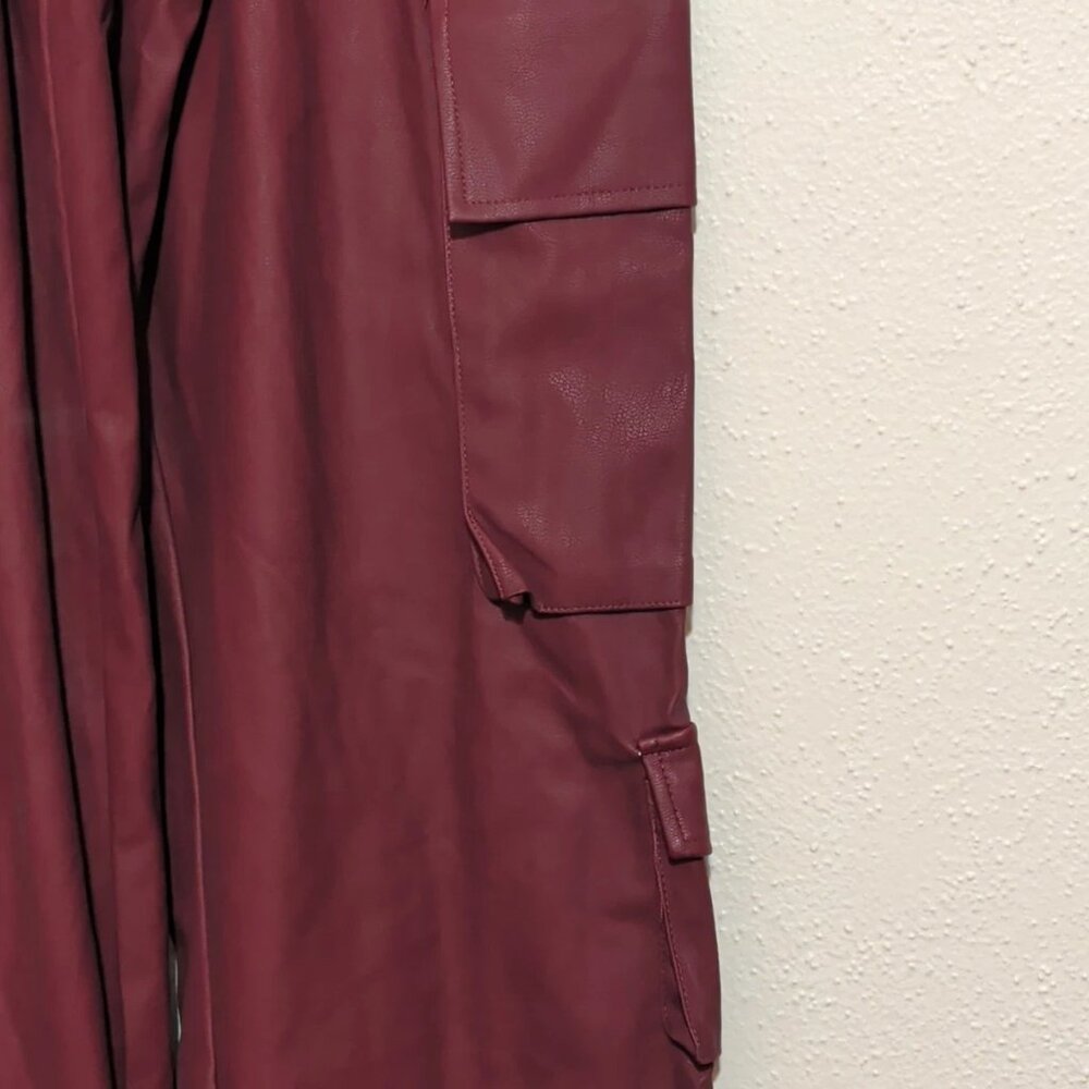 Y2K Grunge Women's NWT Vegan Leather Cargo Pants High Rise Dark Cherry Size XXS - Picture 4 of 14